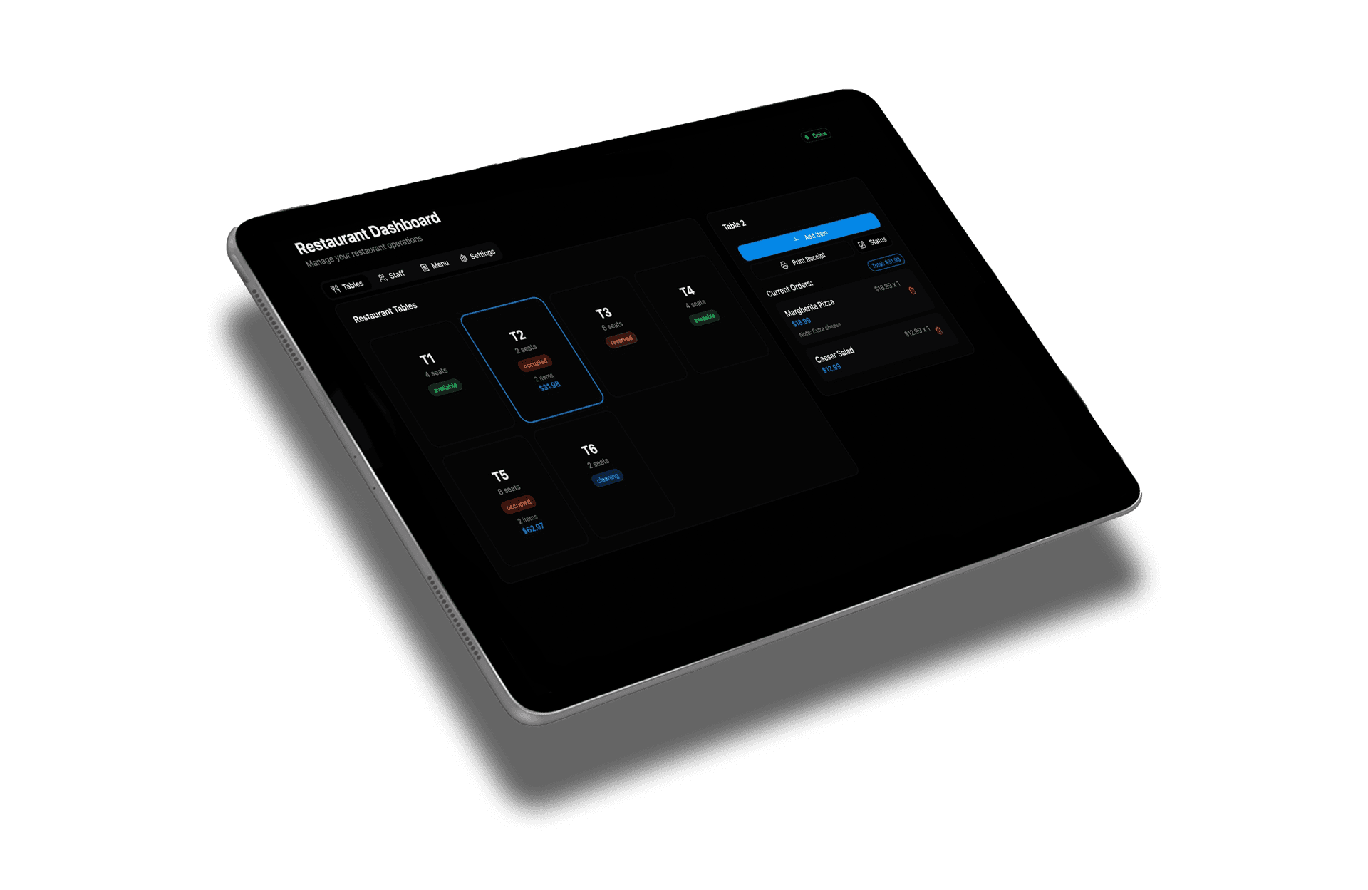 BG Menu dashboard on tablet